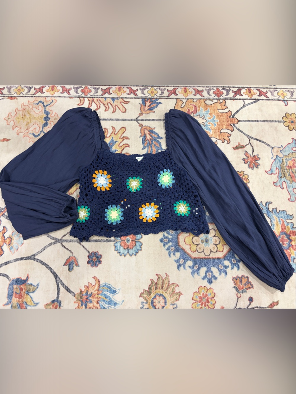 aerie Navy Crochet Floral Puff-Sleeve Top